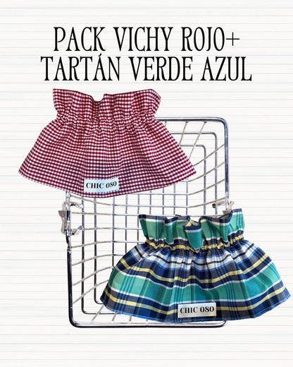 Pack vichy rojo + tartán verde y azul